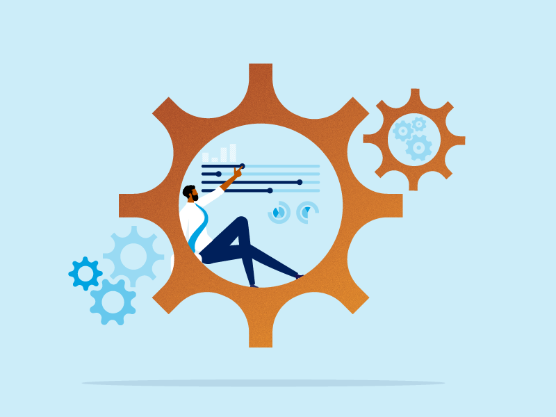 illustration of 5 gears, one large with man resting in center pointing towards graph