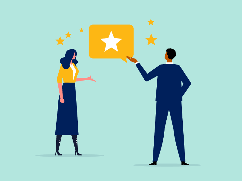 illustration of woman and man standing looking at chat bubble