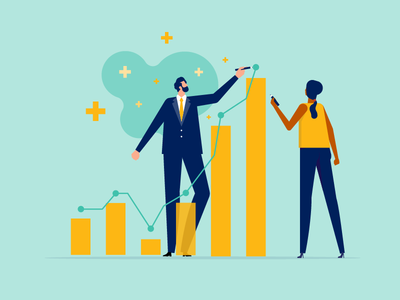 illustration of man and woman placing data point on line graph directly above tallest column graph bar